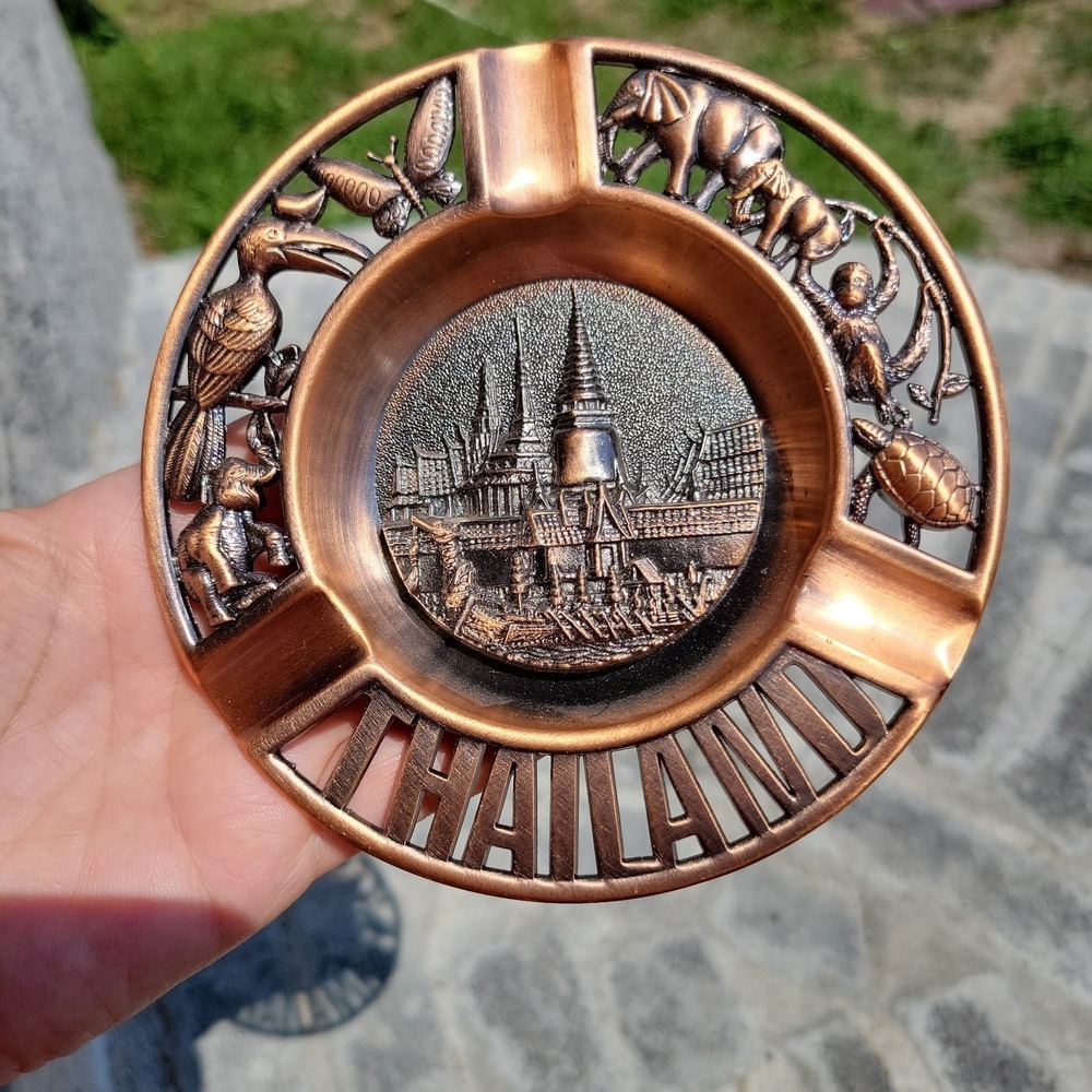 THAILAND Souvenir ashtray Trinket Dish Metal Bronze Colored Animal Boat 3D